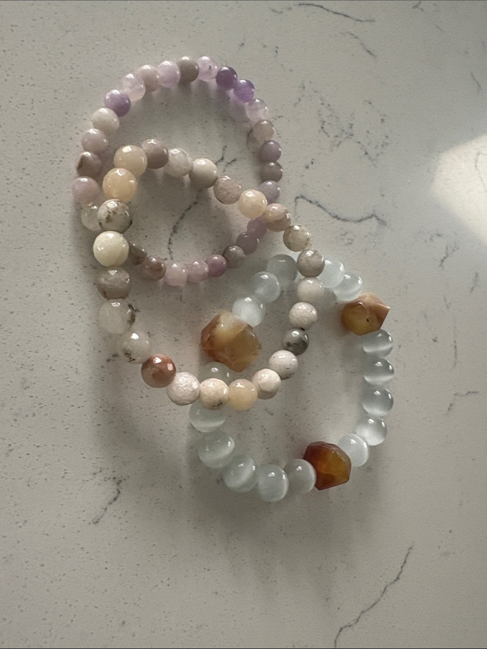 Handcrafted Multi-Bead Women’s Gemstone Bracelet Set (3)  — Lavender & Pale Blue